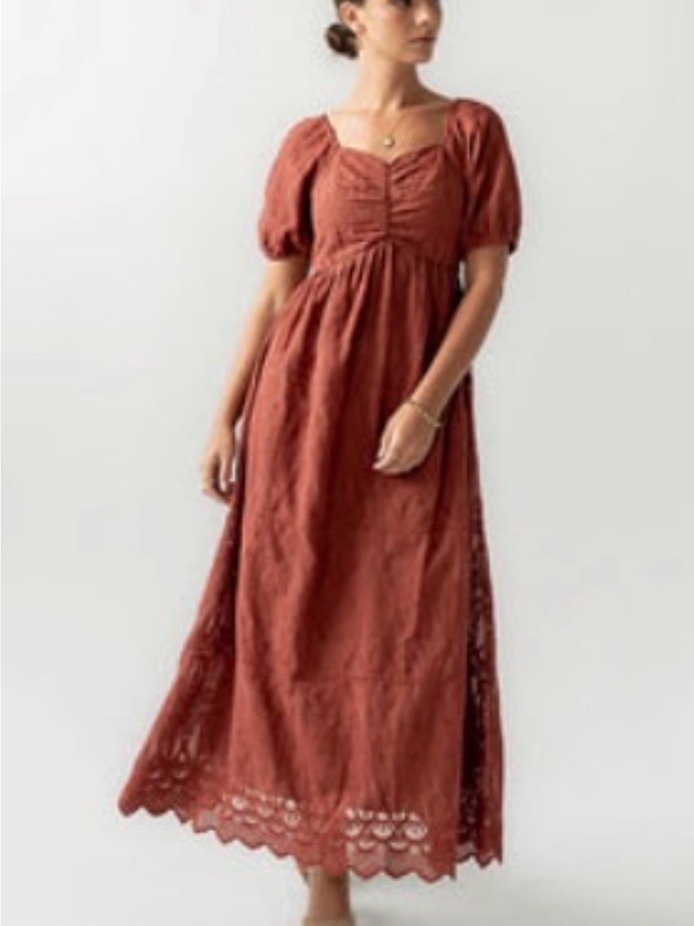 Bohme Rust Puff-Sleeve Eyelet-Trim Maxi Dress S